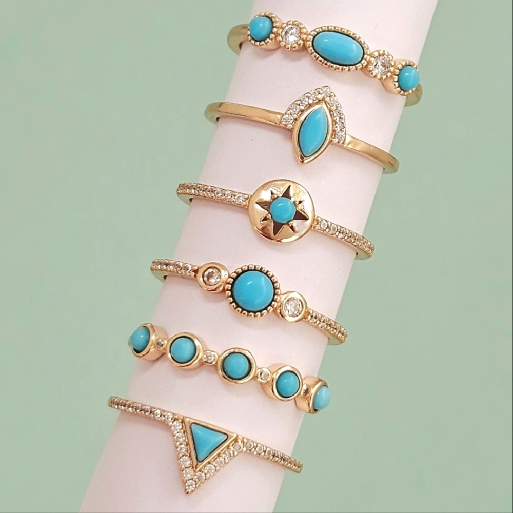 Dainty Gold ring set, turquoise enamel stone. 925 Sterling Silver, 10k gold